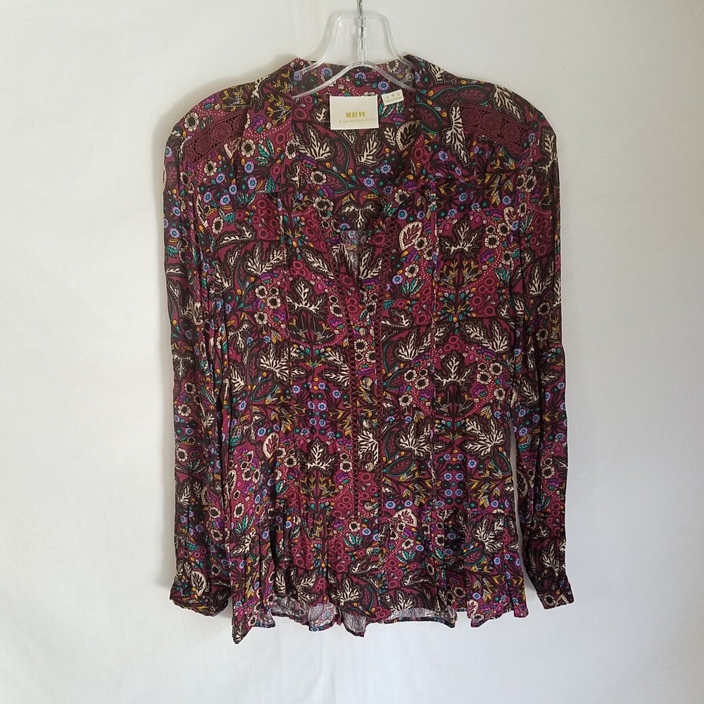 Anthropologie Maeve Womens Floral Crochet Button Front L/S Tie‎ Neck Top Size 4